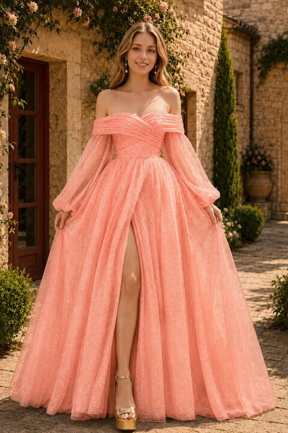 A-Line/Princess Tulle Ruched Long  Off-the-Shoulder Long Sleeves Prom Dresses Detachable Sleeves