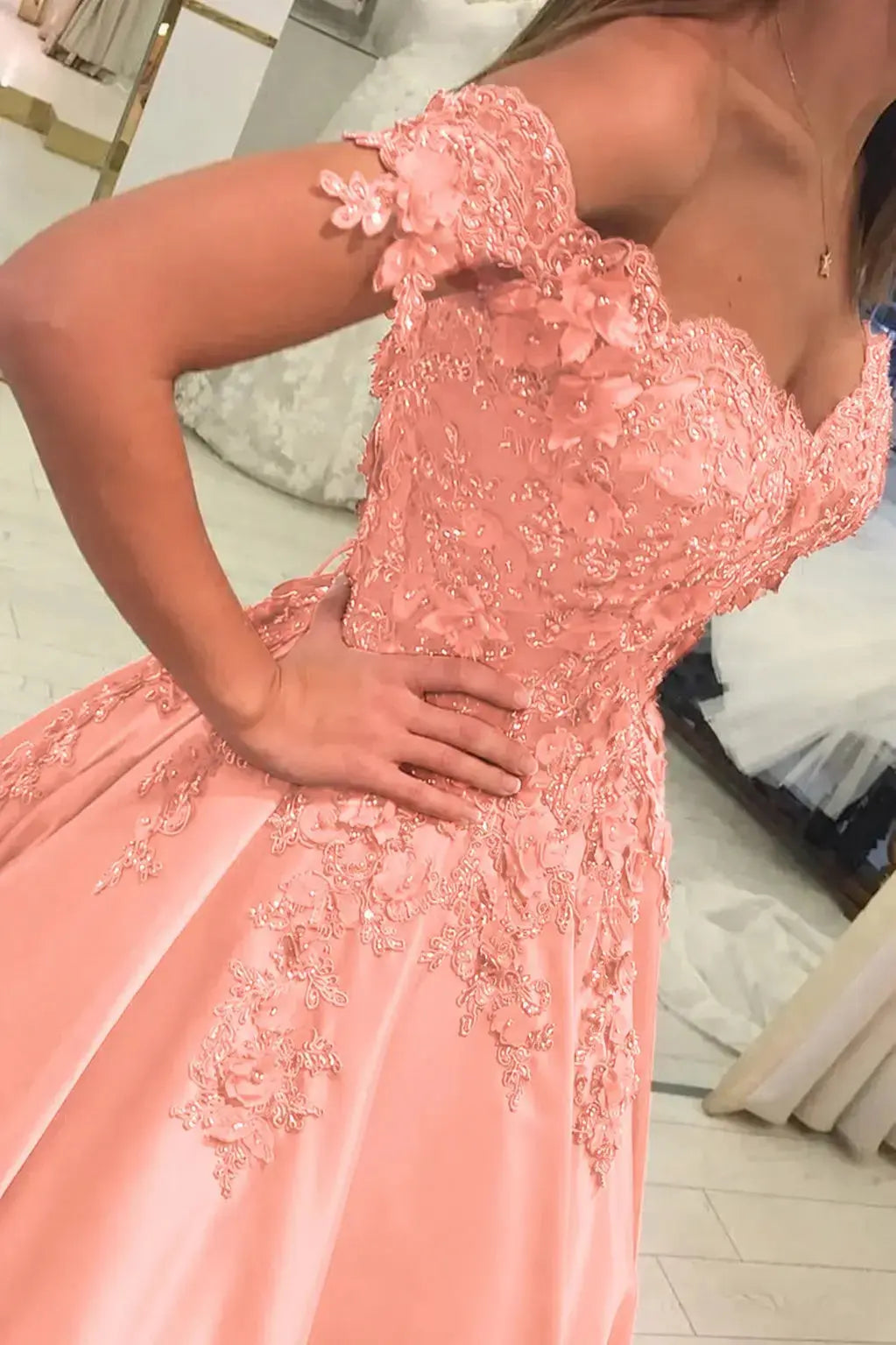Appliquéd Off-the-Shoulder Satin Princess Prom Dress with Beads
