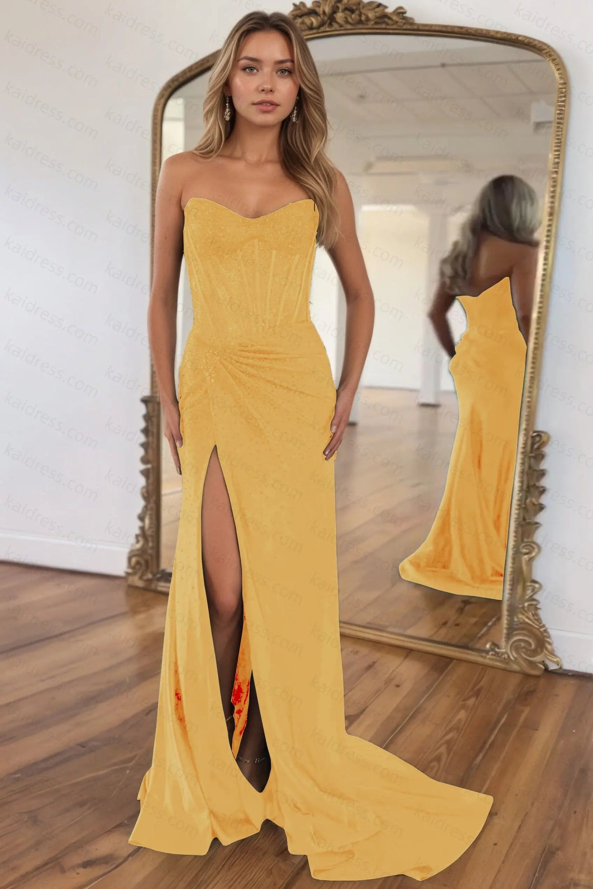 Mermaid Sparkly Golden Sweetheart Beaded Long Corset Prom Dress with Slit