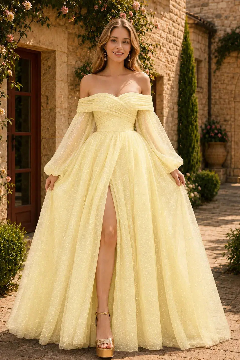 A-Line/Princess Tulle Ruched Long  Off-the-Shoulder Long Sleeves Prom Dresses Detachable Sleeves