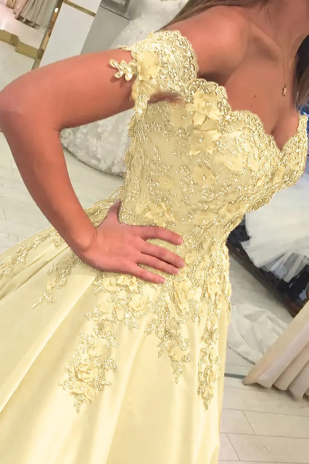 Appliquéd Off-the-Shoulder Satin Princess Prom Dress with Beads