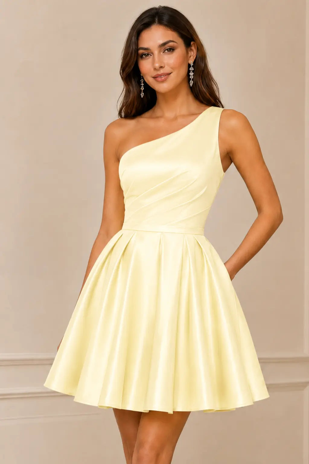 Green One Shoulder Satin Mini A Line Homecoming Dress With Pockets