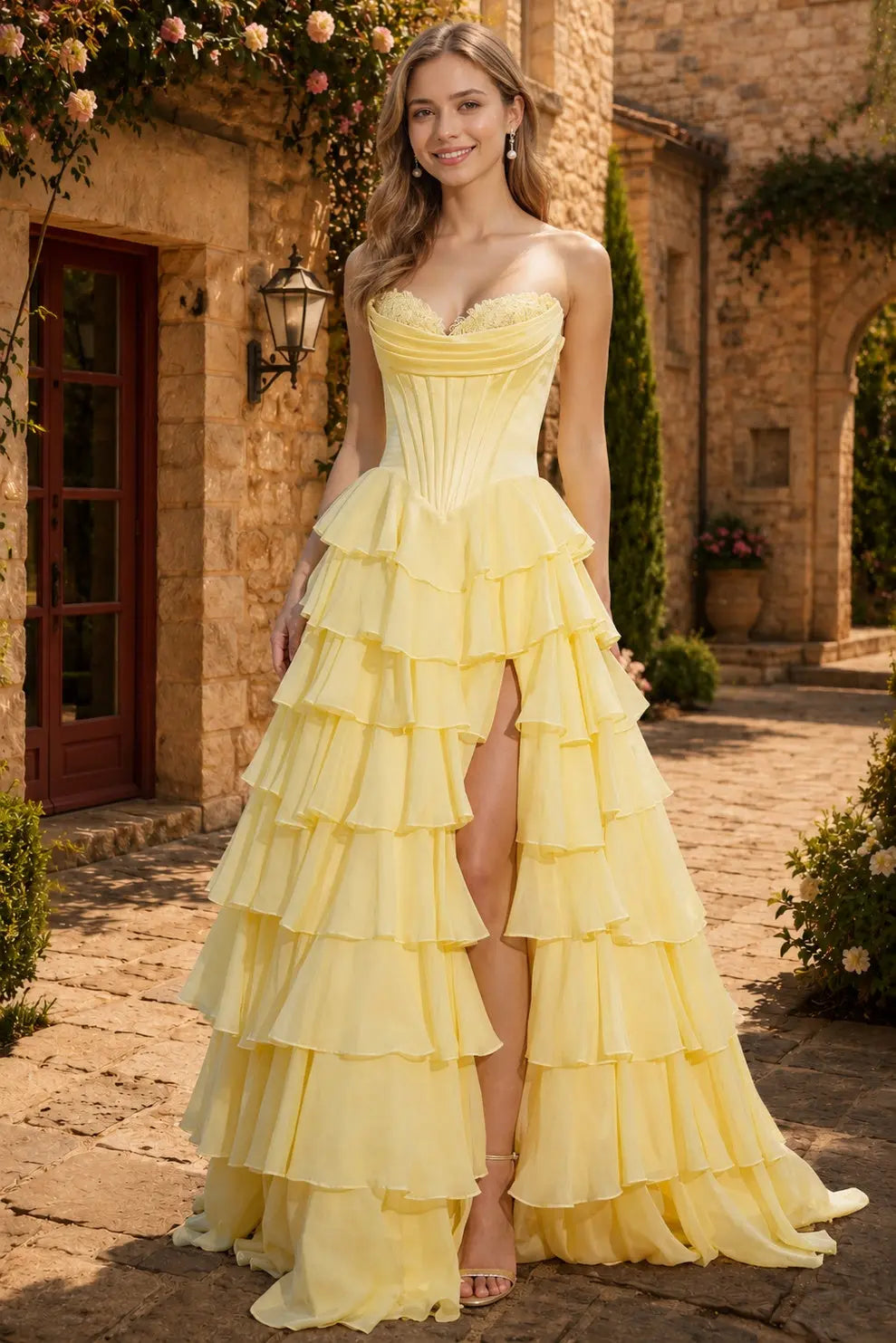 A Line Blue Sweetheart Chiffon Ruffled Long Corset Prom Dress with Slit