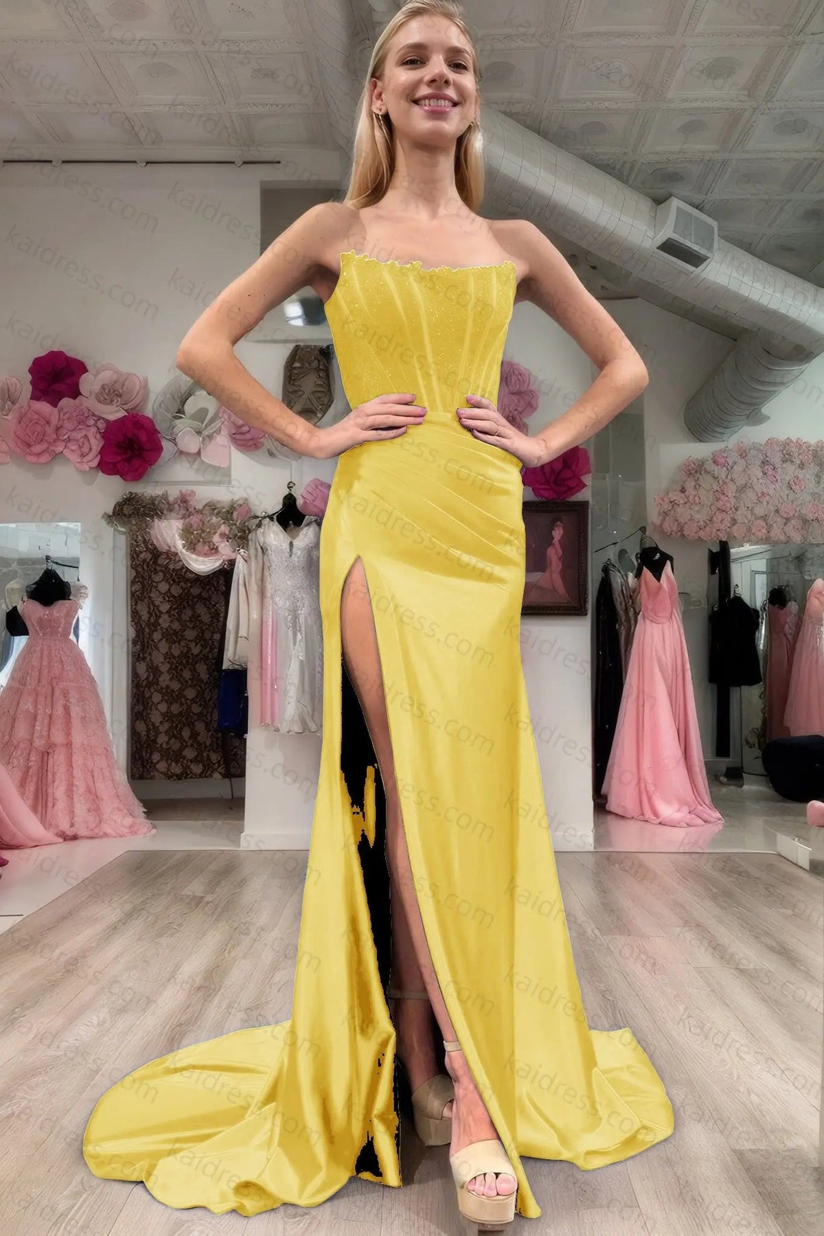 Sheath/Column Elastic Woven Satin Ruched Off-the-Shoulder Sleeveless Sweep/Brush Train Prom Dresses