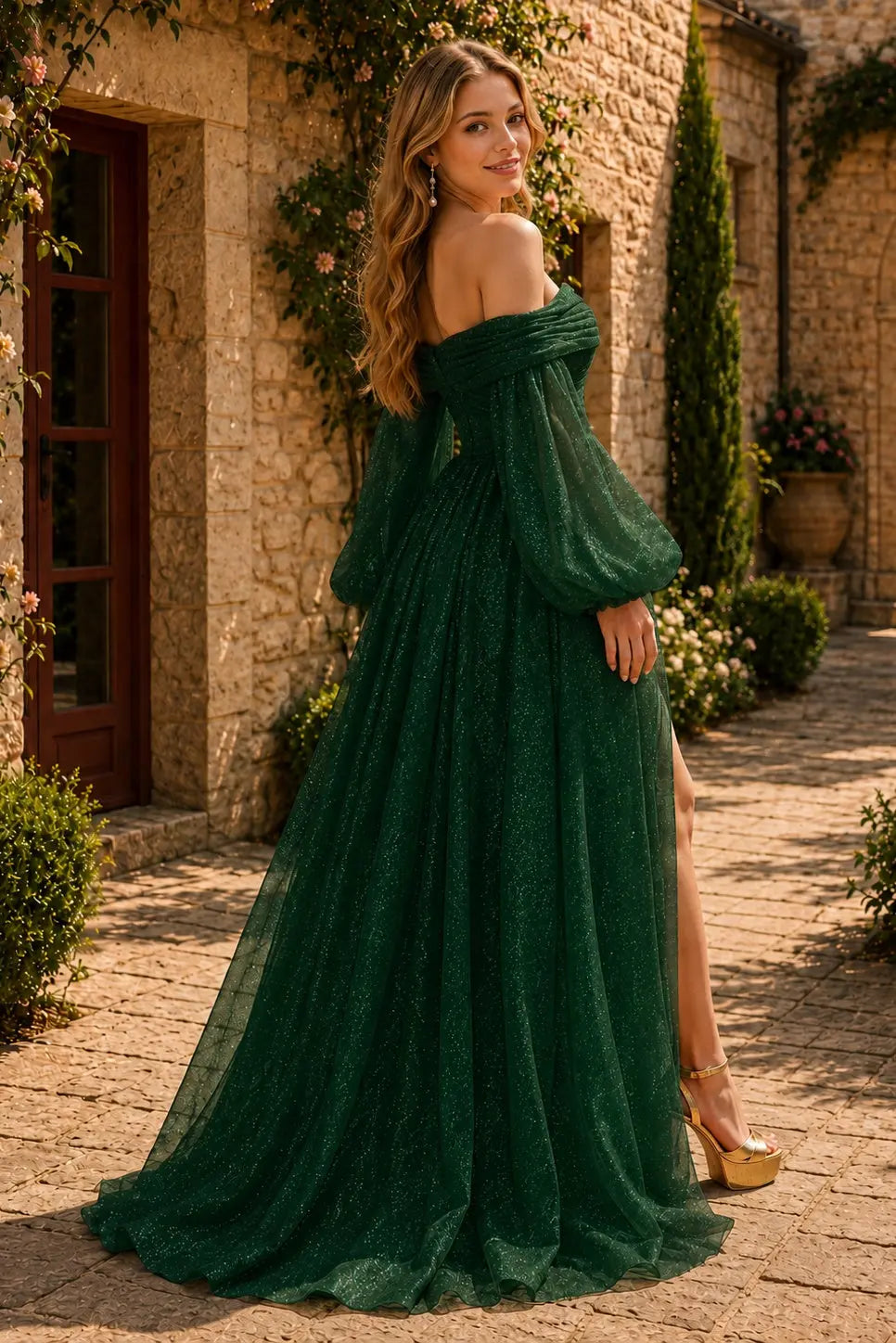 A-Line/Princess Tulle Ruched Long  Off-the-Shoulder Long Sleeves Prom Dresses Detachable Sleeves