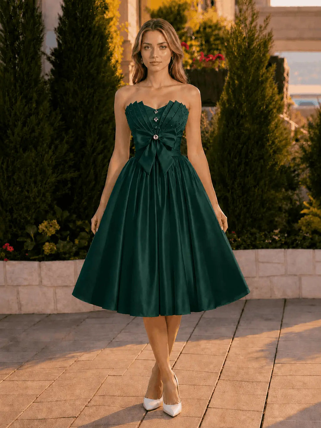 A-line Sweetheart Sleeveless Knee-Length Satin Homecoming Dress with Bow