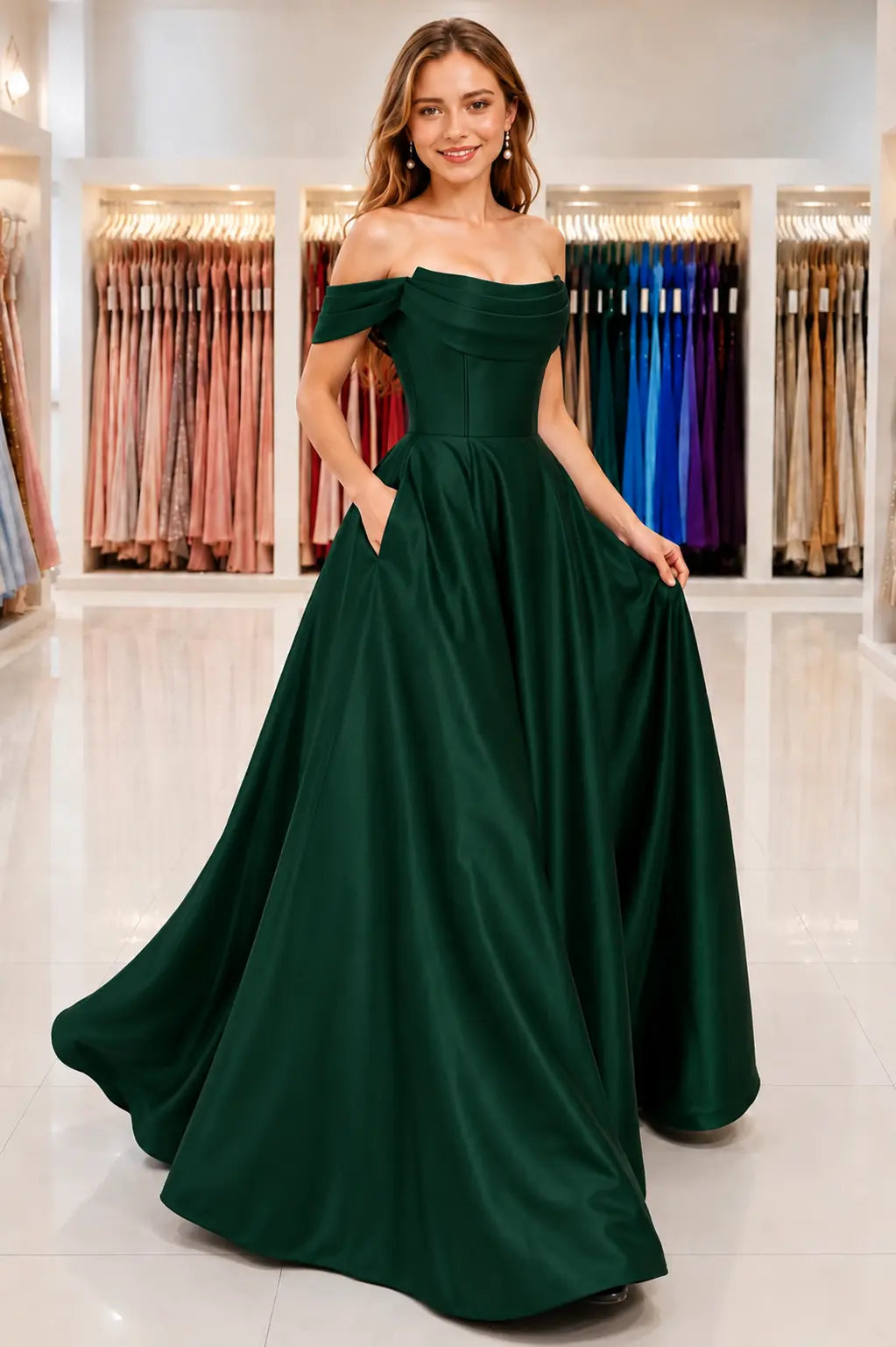 A-Line Satin Long Prom Dress. Simple Off the Shoulder Evening Party Dress With Pockets
