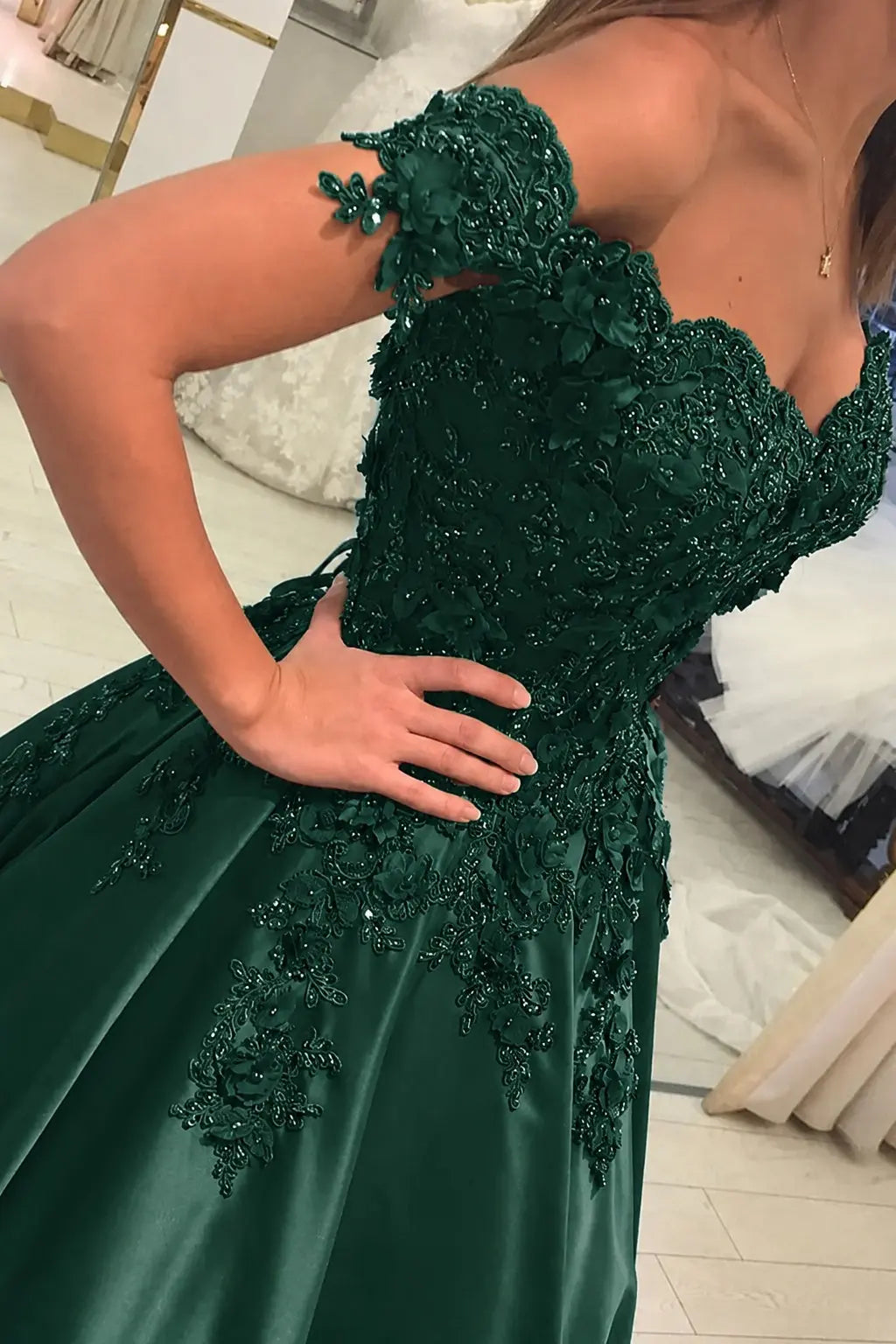 Appliquéd Off-the-Shoulder Satin Princess Prom Dress with Beads