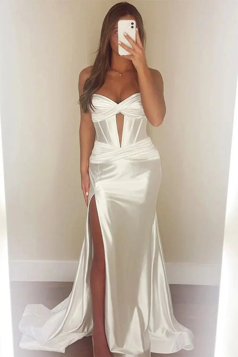 Green Silk Strapless Mermaid Prom Dresses Long Formal Evening Gown with Slit