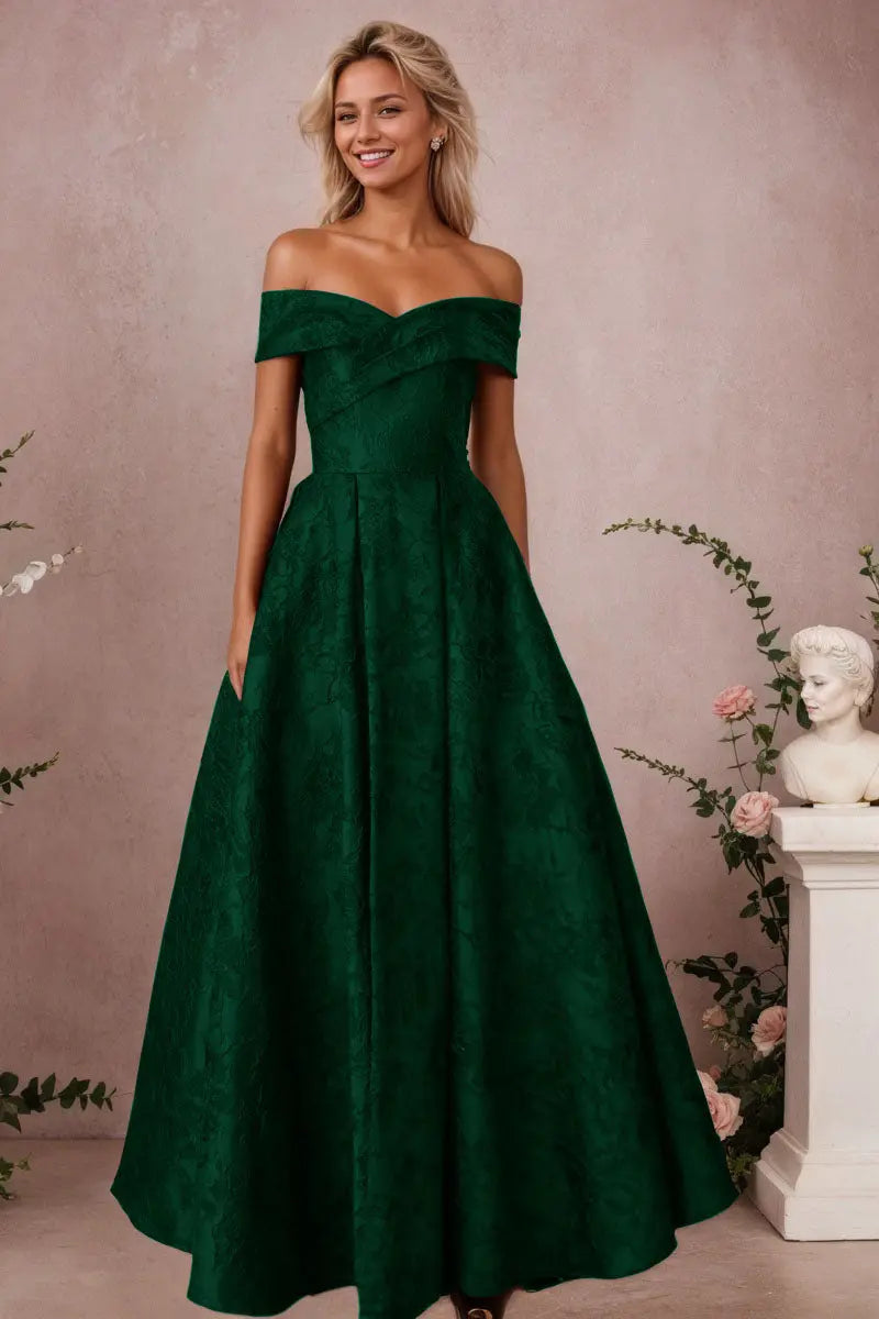 A-Line Off Shoulder Satin Burgundy Long Prom Dress Floral Jacquard Formal Ball Gowns