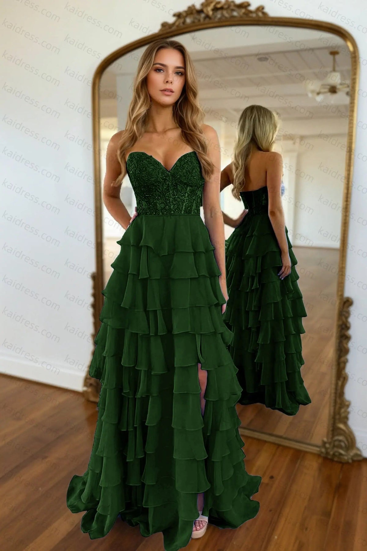 A-line/Princess Chiffon Fuchsia Sweetheart Tiered Ruffles Prom Dress with Slit Applique