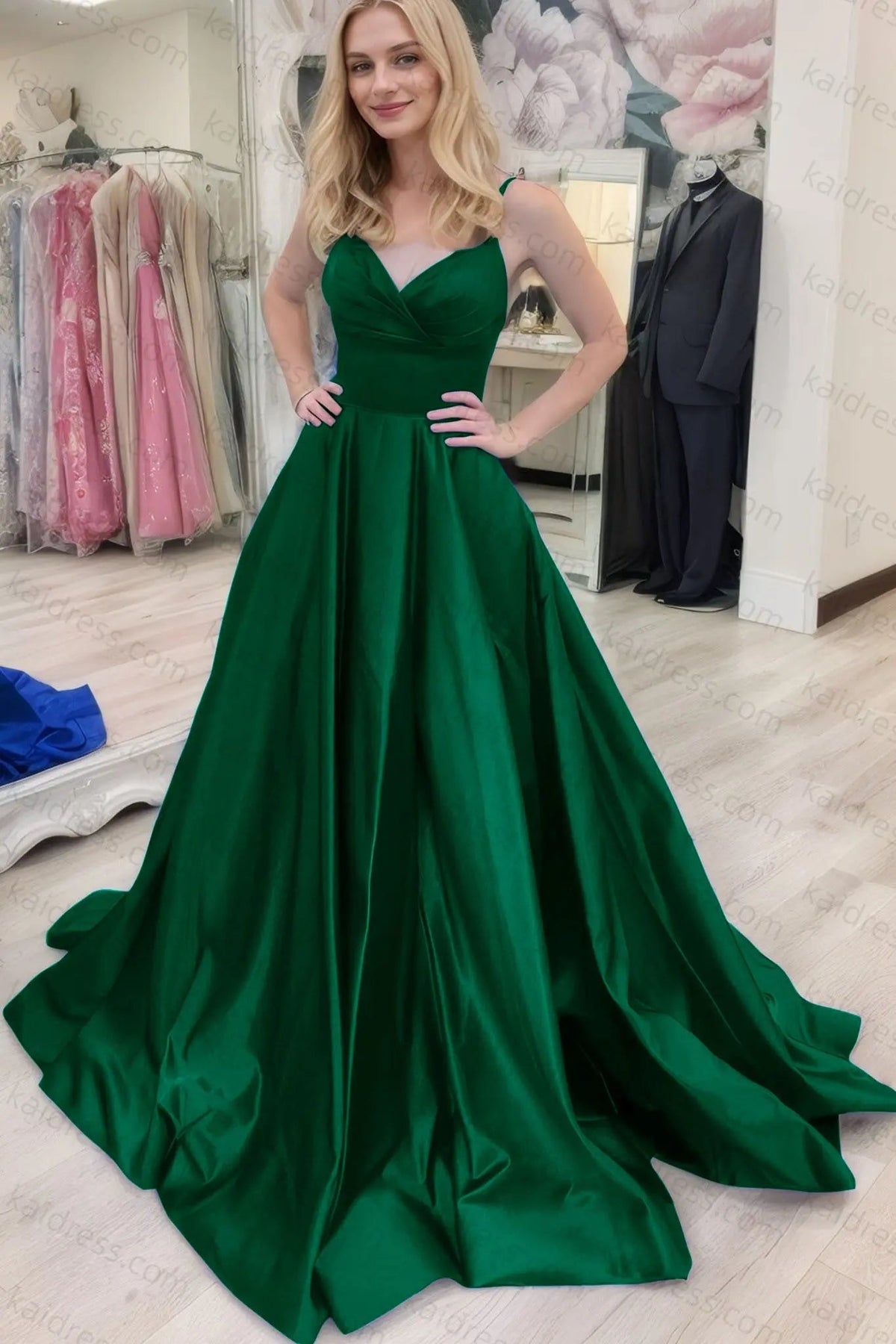 A-line V Neck Sleeveless Court Train Satin Prom Dresses With Bowknot Pleated Waistband
