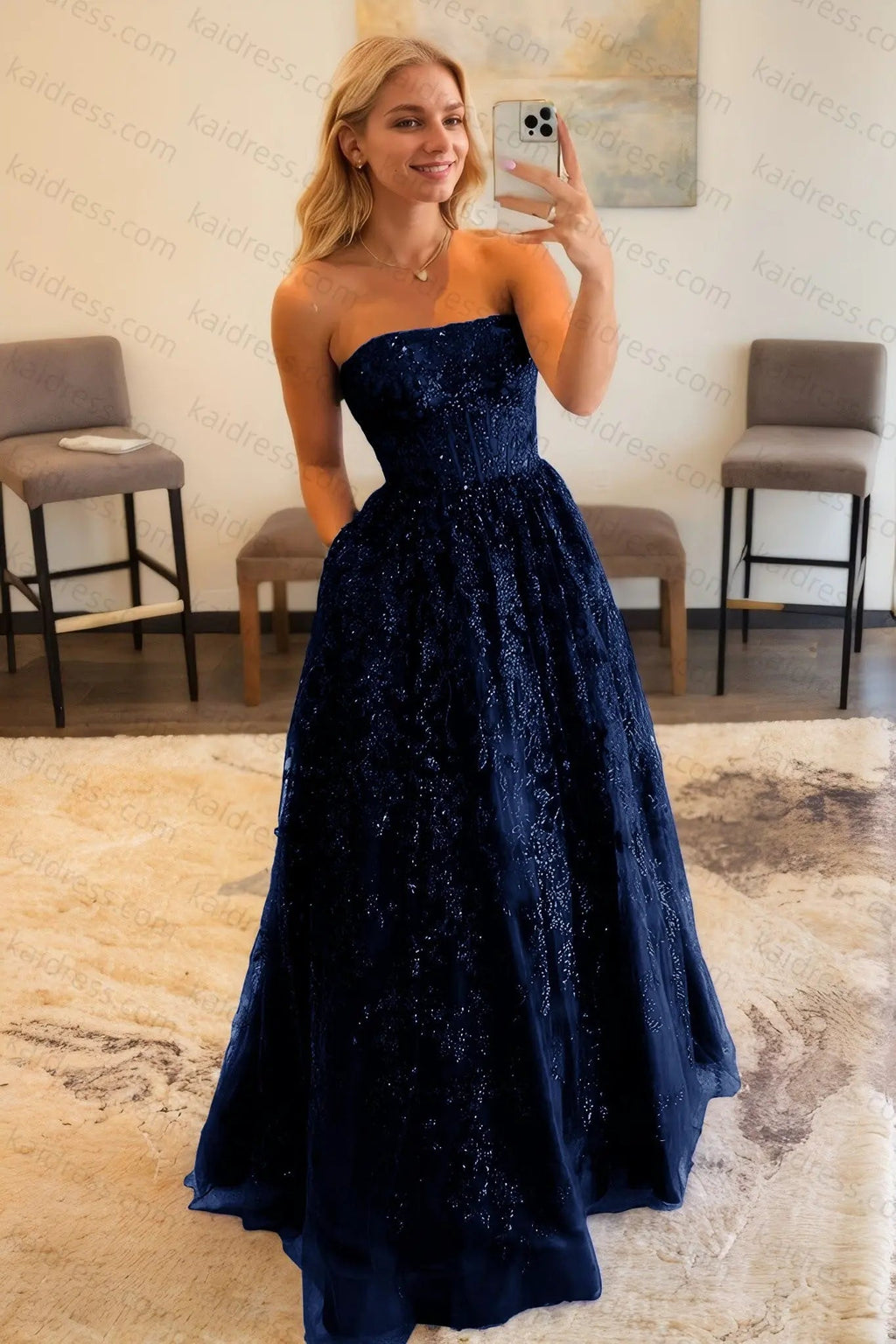 A-line Bateau Strapless Long/Floor-Length Lace Prom Dresses With Pockets Special Occasion Dresses