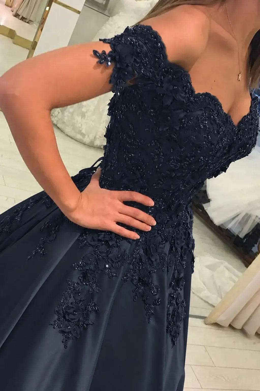 Appliquéd Off-the-Shoulder Satin Princess Prom Dress with Beads