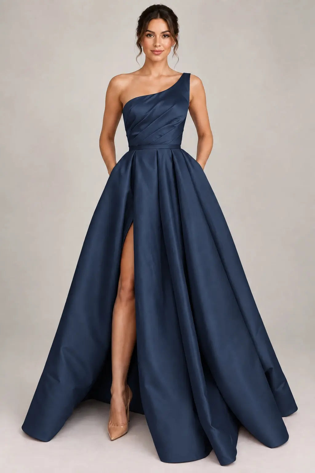 A-line Sleeveless One-Shoulder Long/Floor-Length Satin Prom Dress With Split Ruffles Pockets