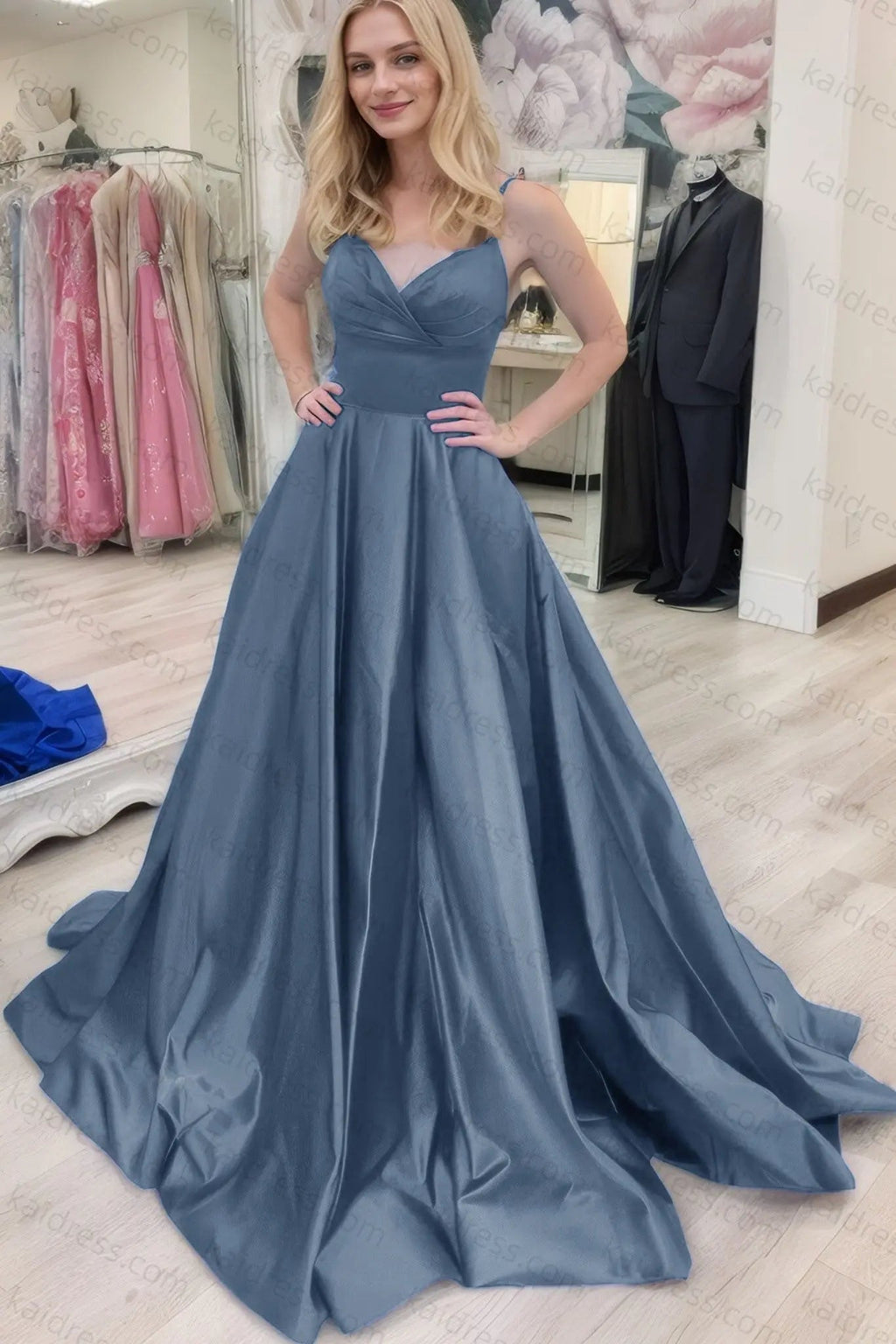 A-line V Neck Sleeveless Court Train Satin Prom Dresses With Bowknot Pleated Waistband