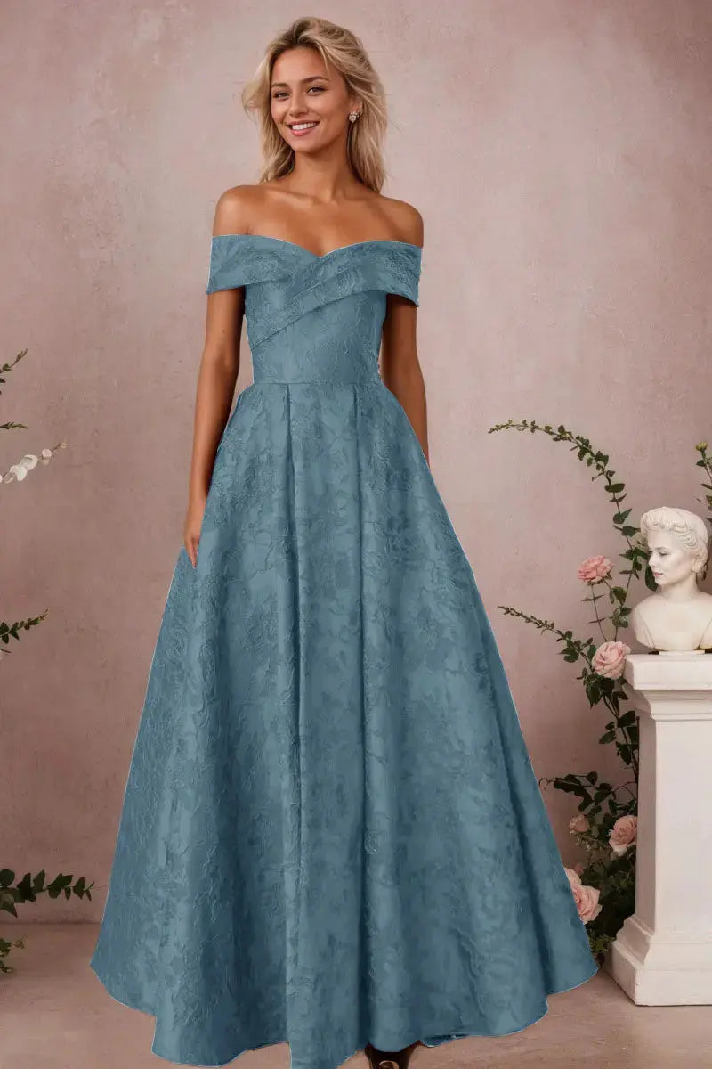 A-Line Off Shoulder Satin Burgundy Long Prom Dress Floral Jacquard Formal Ball Gowns