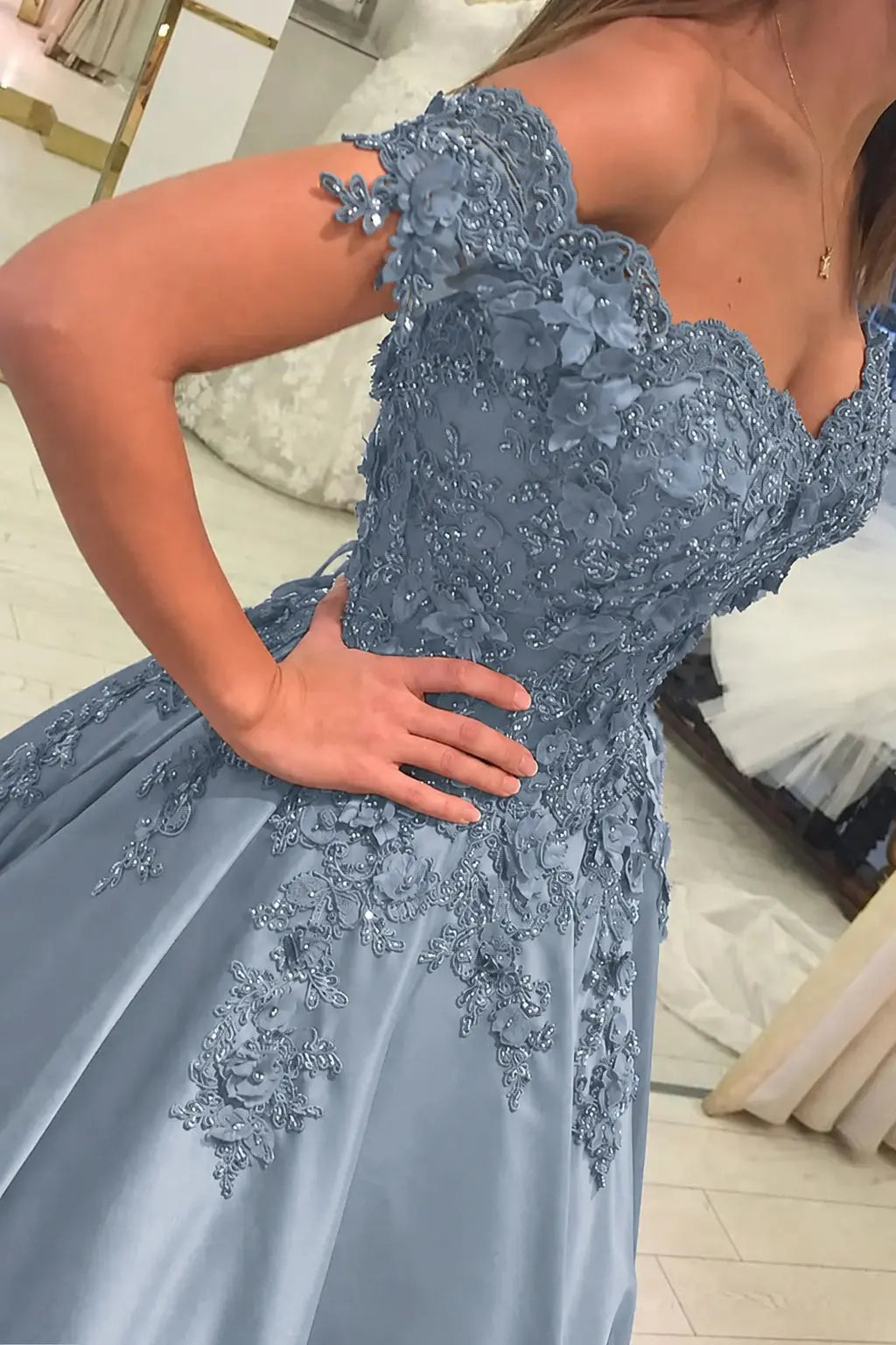 Appliquéd Off-the-Shoulder Satin Princess Prom Dress with Beads