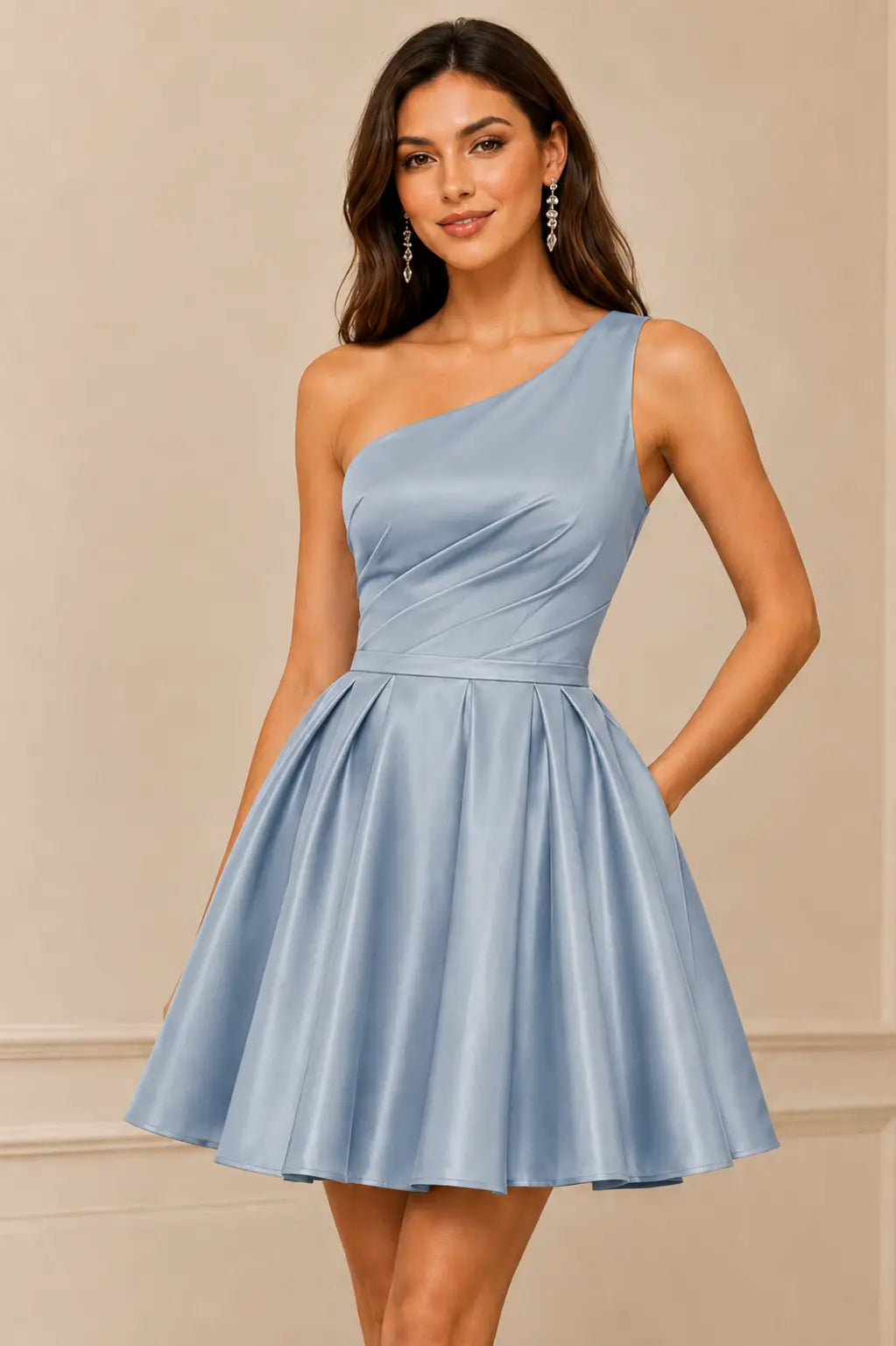 Green One Shoulder Satin Mini A Line Homecoming Dress With Pockets