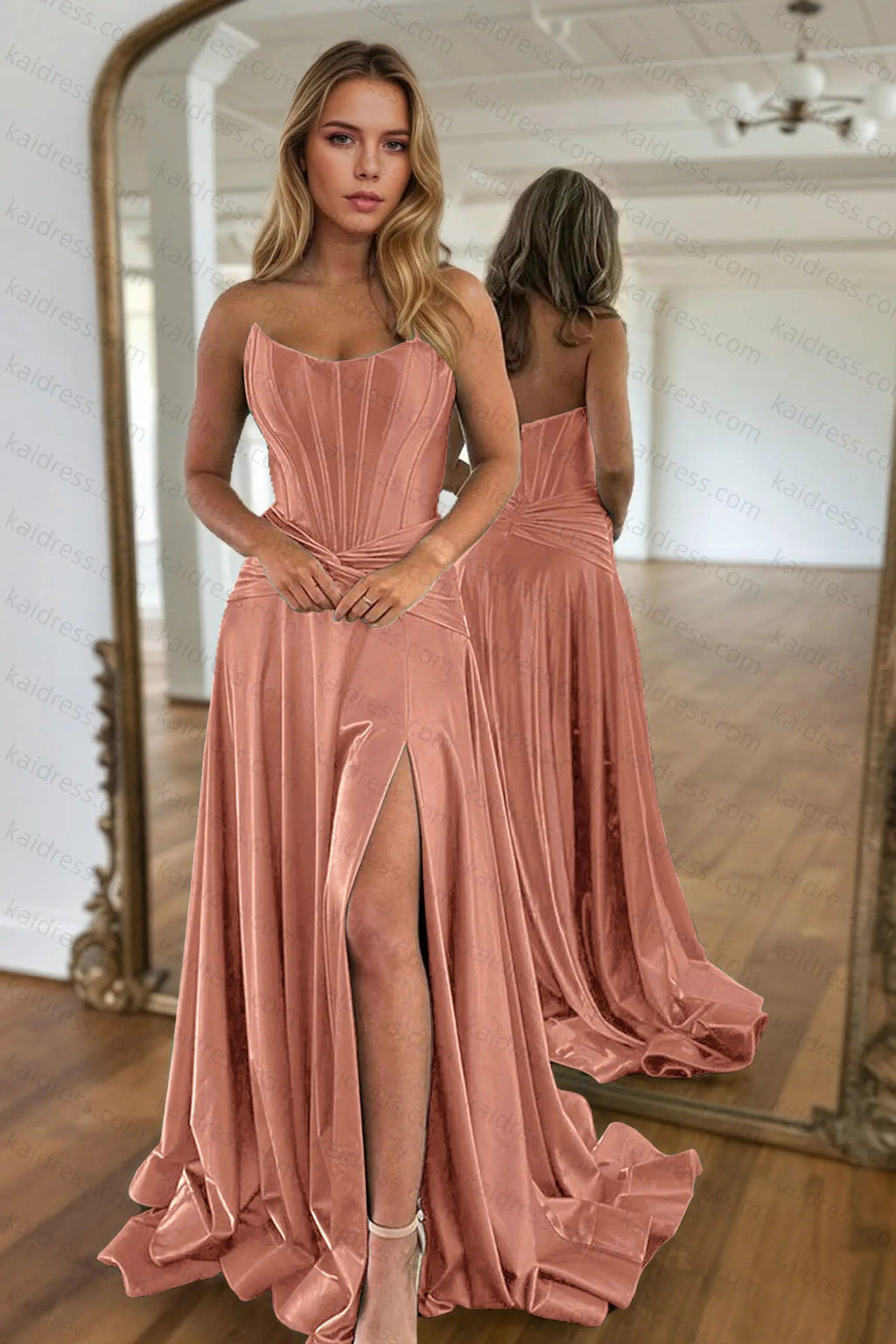 A-line Off-the-Shoulder Sleeveless Court Train Silk like Satin Green Prom Dresses With Pleated Split