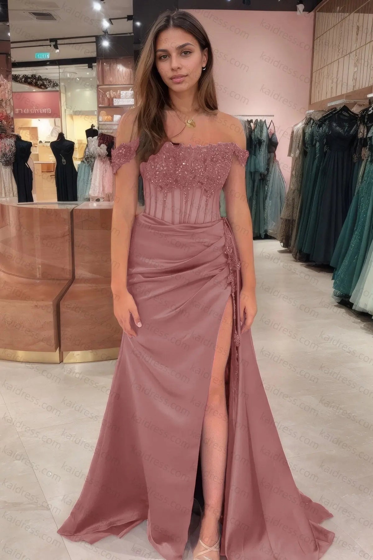 Sheath/Column Off the Shoulder Satin Beaded Prom Dress Burgundy With Appliques Prom Gown