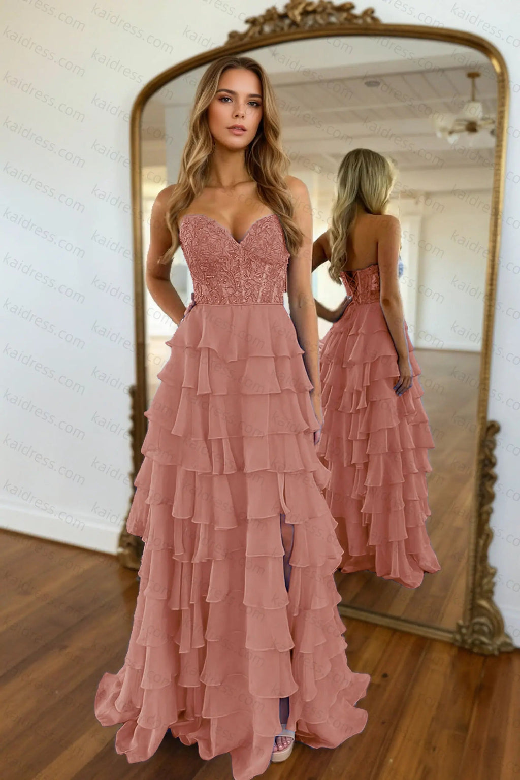A-line/Princess Chiffon Fuchsia Sweetheart Tiered Ruffles Prom Dress with Slit Applique