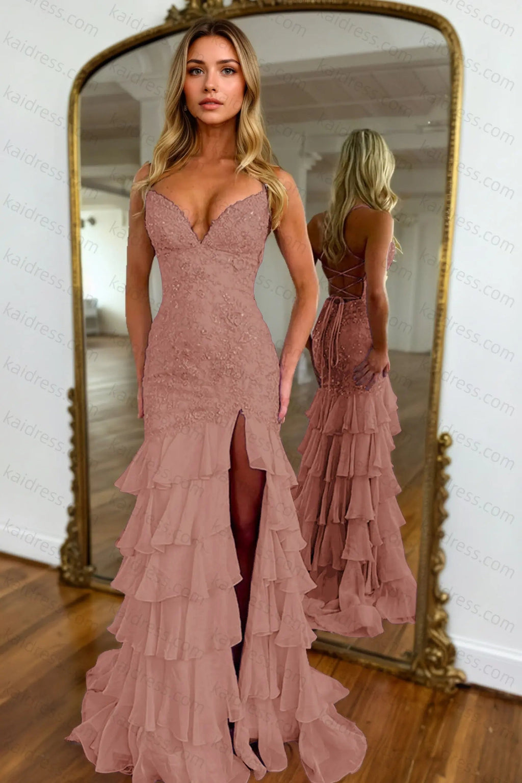 Mermaid Sparkly Lilac Lace Appliques Sheath Tiered Long Chiffon Prom Dress with Slit