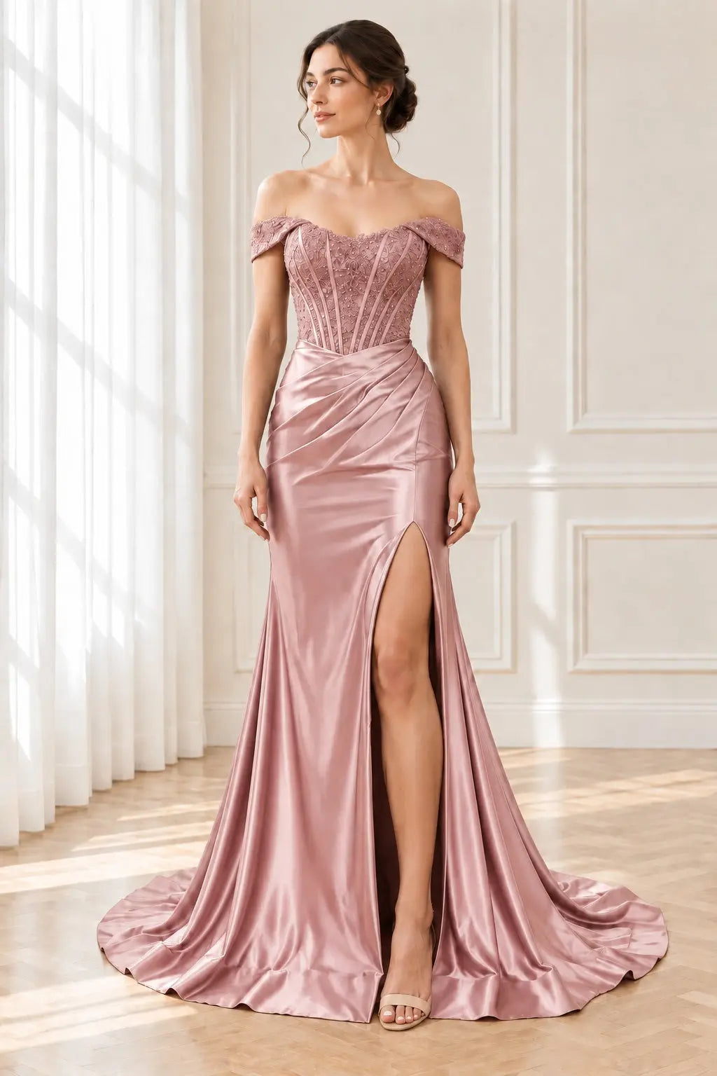 Trumpet/Mermaid Satin Ruched Off-the-Shoulder Prom Dresses Sleeveless Long Green Evening Gowns