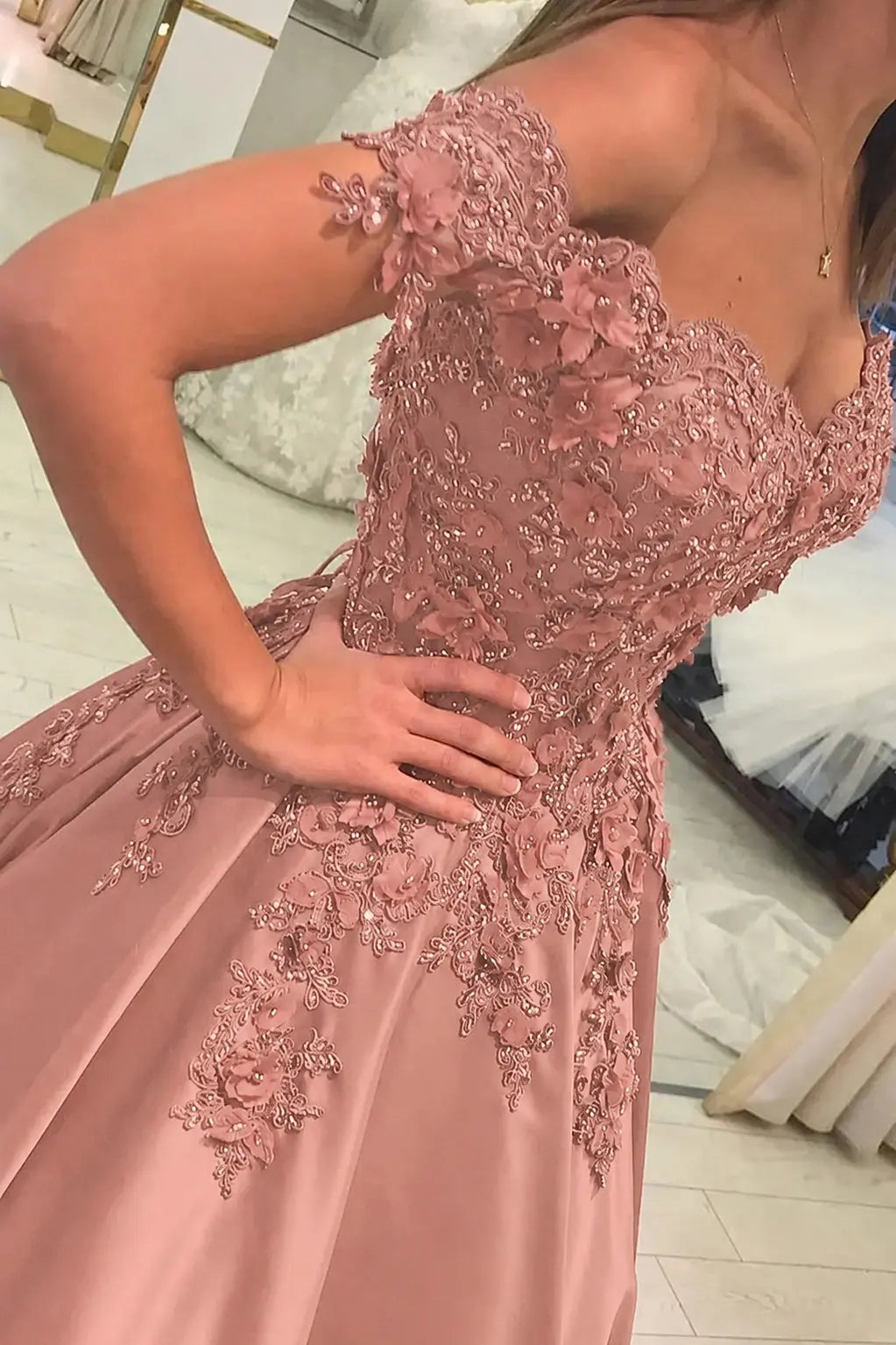 Appliquéd Off-the-Shoulder Satin Princess Prom Dress with Beads