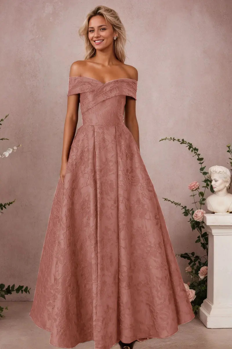 A-Line Off Shoulder Satin Burgundy Long Prom Dress Floral Jacquard Formal Ball Gowns