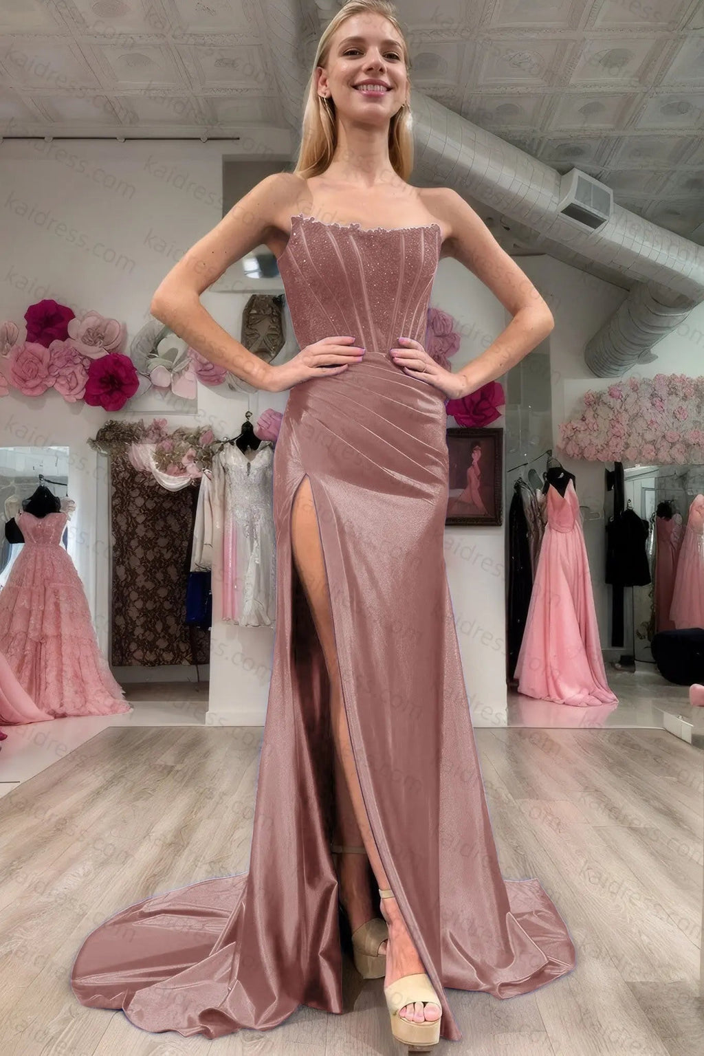 Sheath/Column Elastic Woven Satin Ruched Off-the-Shoulder Sleeveless Sweep/Brush Train Prom Dresses