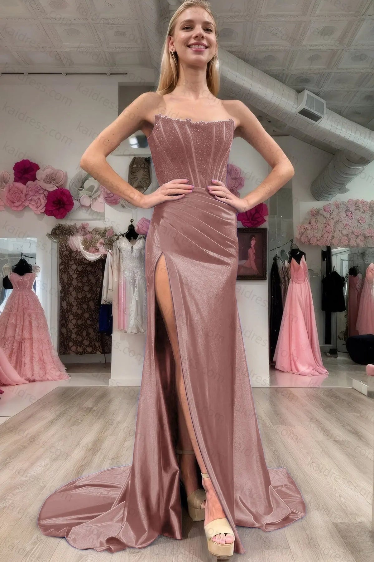 Sheath/Column Elastic Woven Satin Ruched Off-the-Shoulder Sleeveless Sweep/Brush Train Prom Dresses