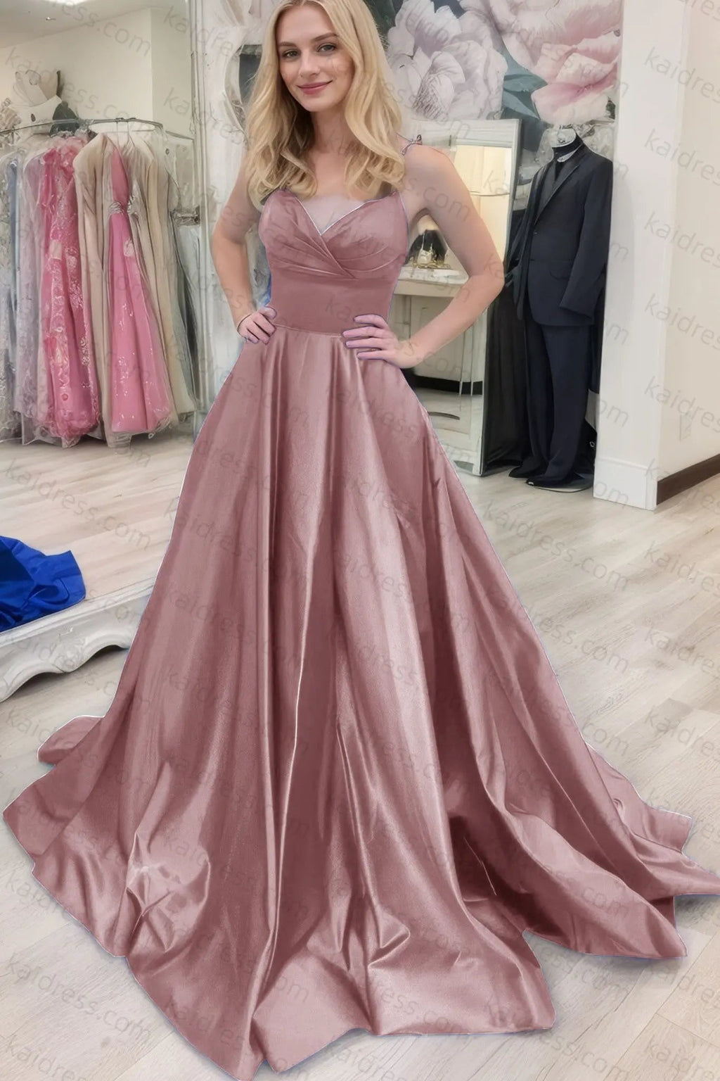 A-line V Neck Sleeveless Court Train Satin Prom Dresses With Bowknot Pleated Waistband