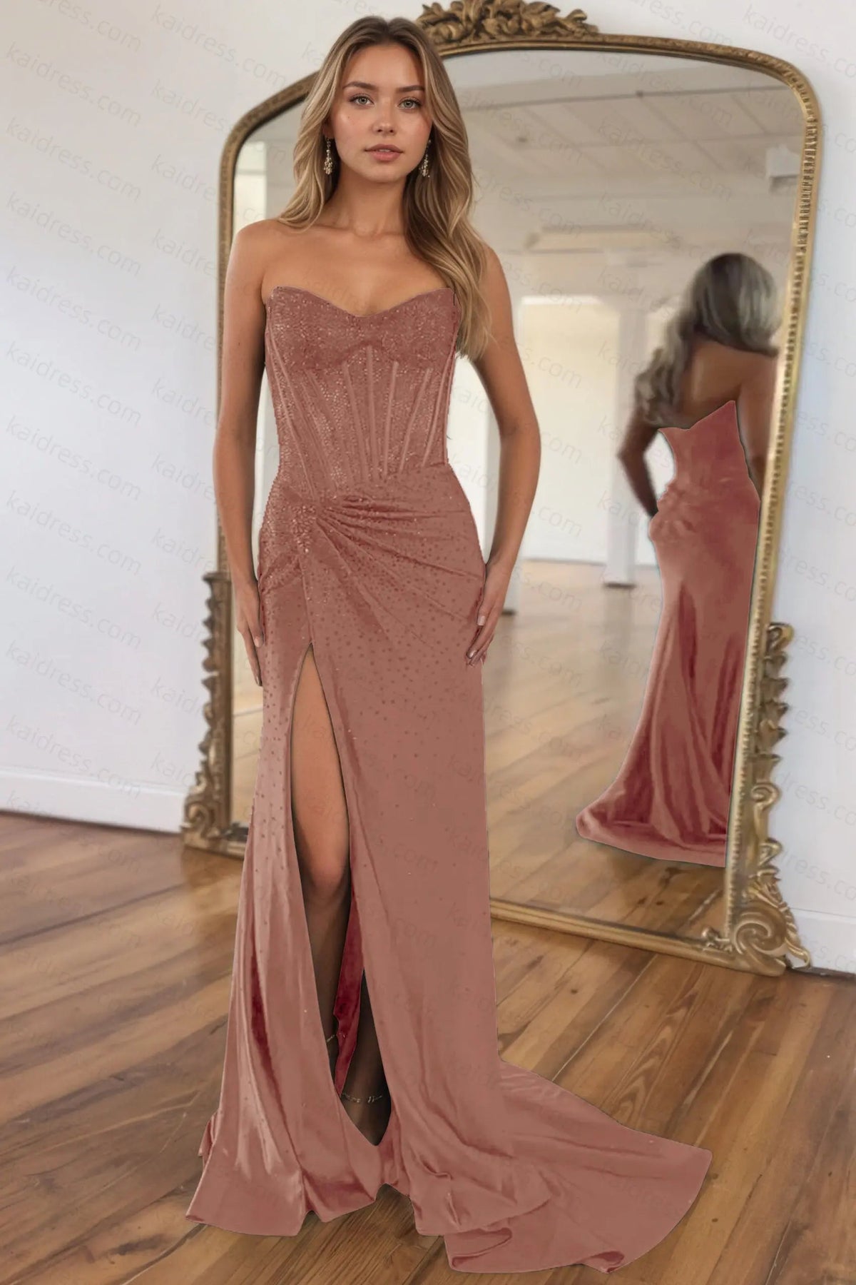 Mermaid Sparkly Golden Sweetheart Beaded Long Corset Prom Dress with Slit