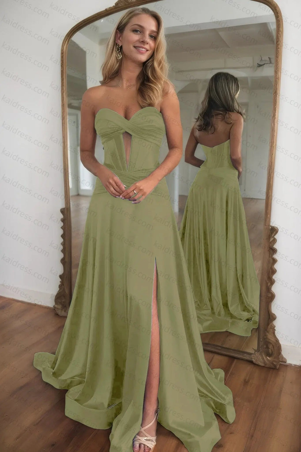 A-line Strapless Silk Long Blue Prom Dresses Elegant Evening Dress