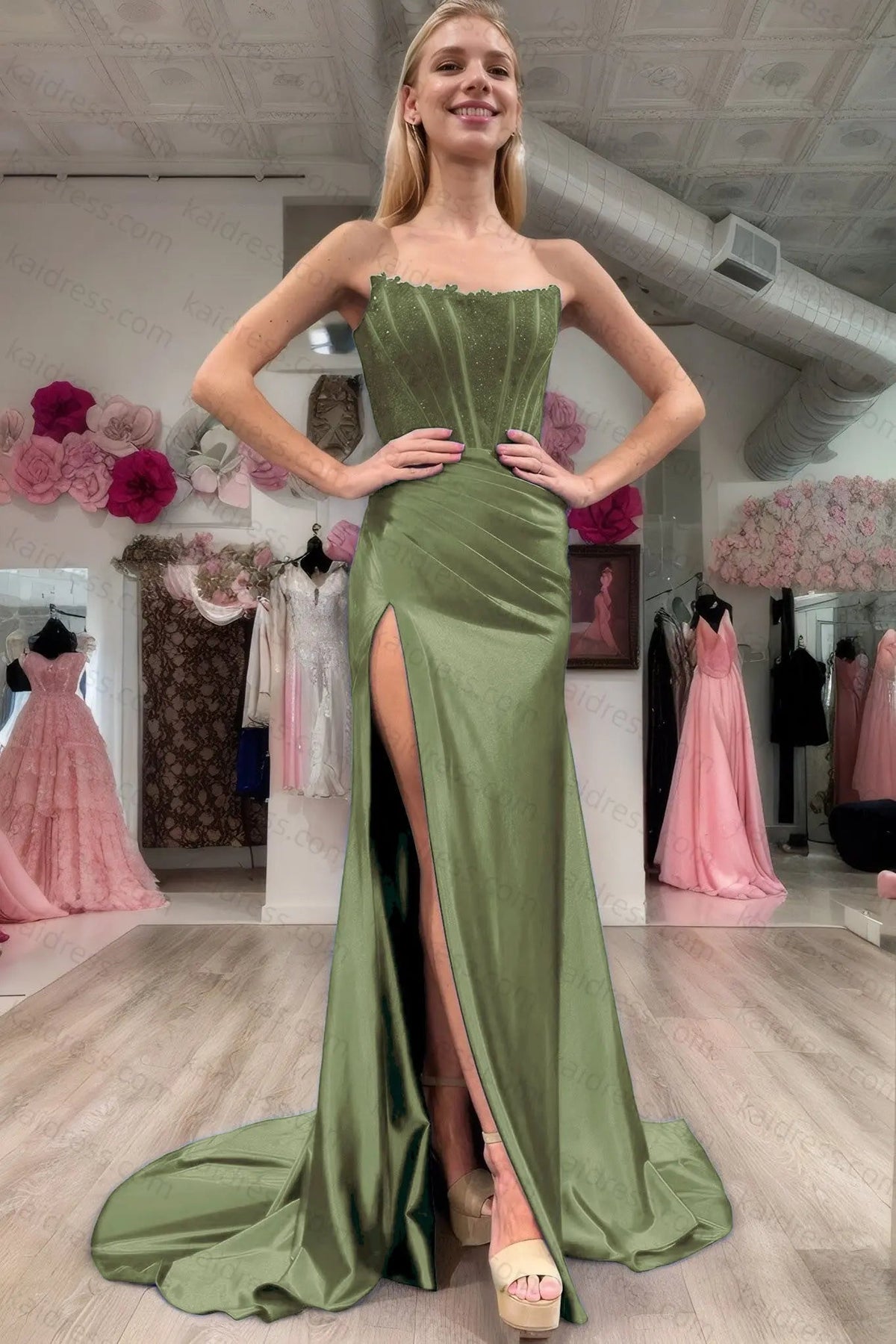 Sheath/Column Elastic Woven Satin Ruched Off-the-Shoulder Sleeveless Sweep/Brush Train Prom Dresses