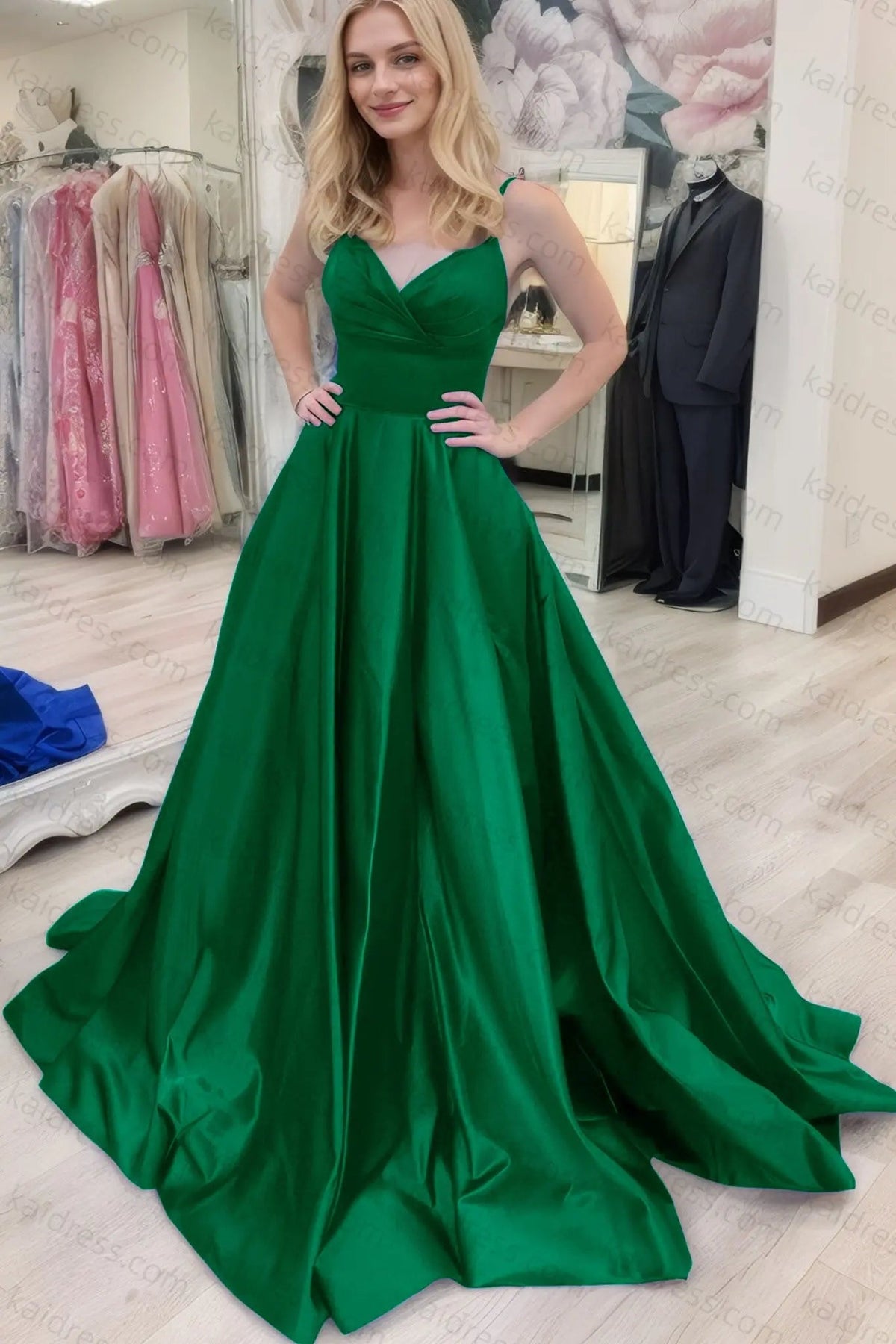 A-line V Neck Sleeveless Court Train Satin Prom Dresses With Bowknot Pleated Waistband