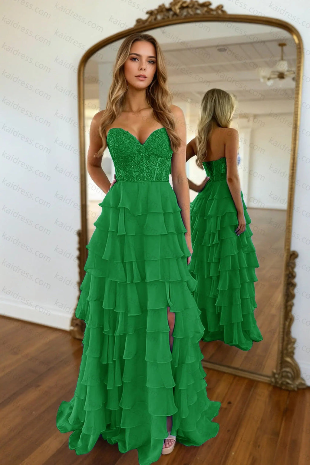 A-line/Princess Chiffon Fuchsia Sweetheart Tiered Ruffles Prom Dress with Slit Applique