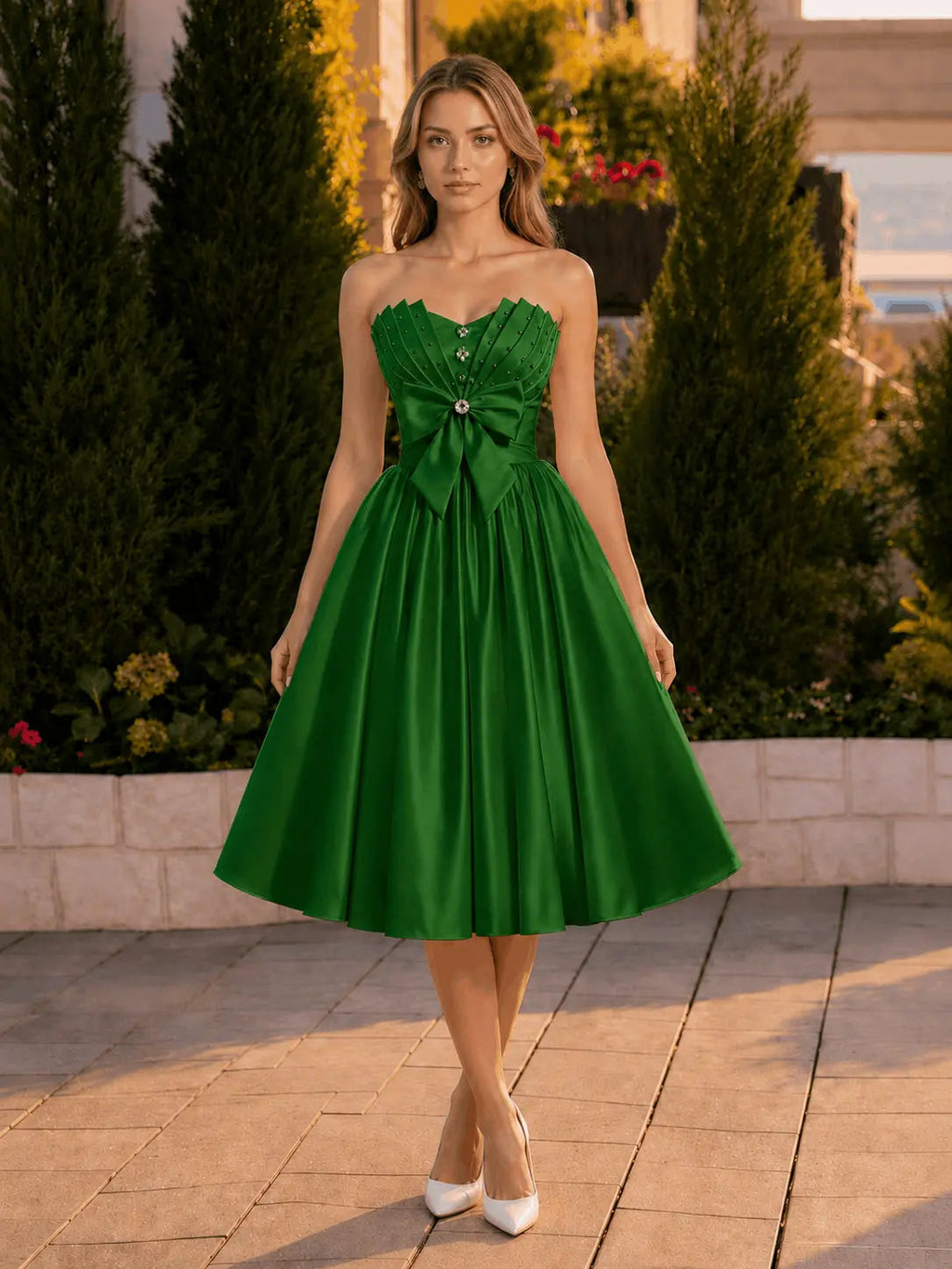 A-line Sweetheart Sleeveless Knee-Length Satin Homecoming Dress with Bow