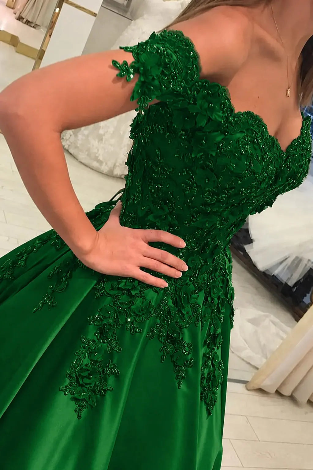 Appliquéd Off-the-Shoulder Satin Princess Prom Dress with Beads