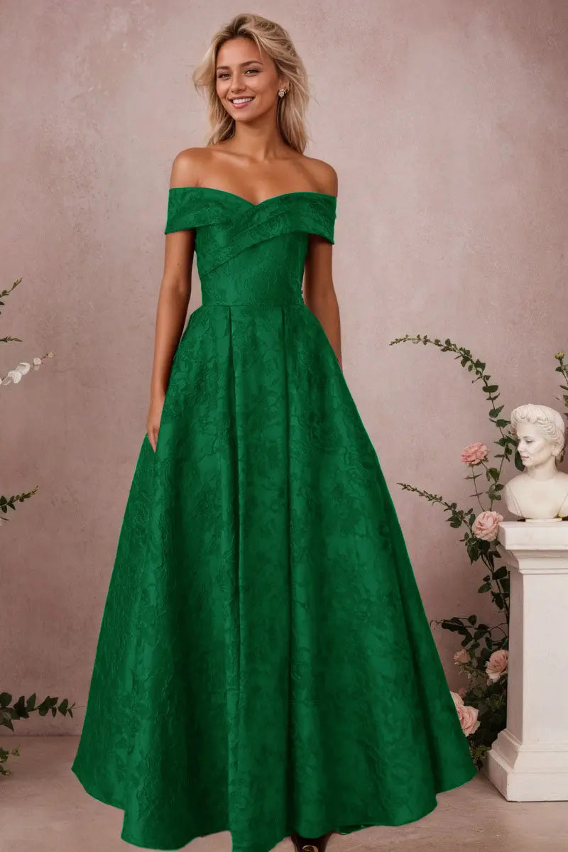 A-Line Off Shoulder Satin Burgundy Long Prom Dress Floral Jacquard Formal Ball Gowns