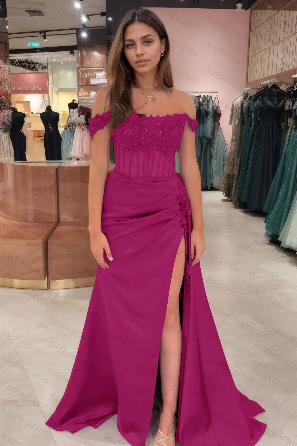 Sheath/Column Off the Shoulder Satin Beaded Prom Dress Burgundy With Appliques Prom Gown
