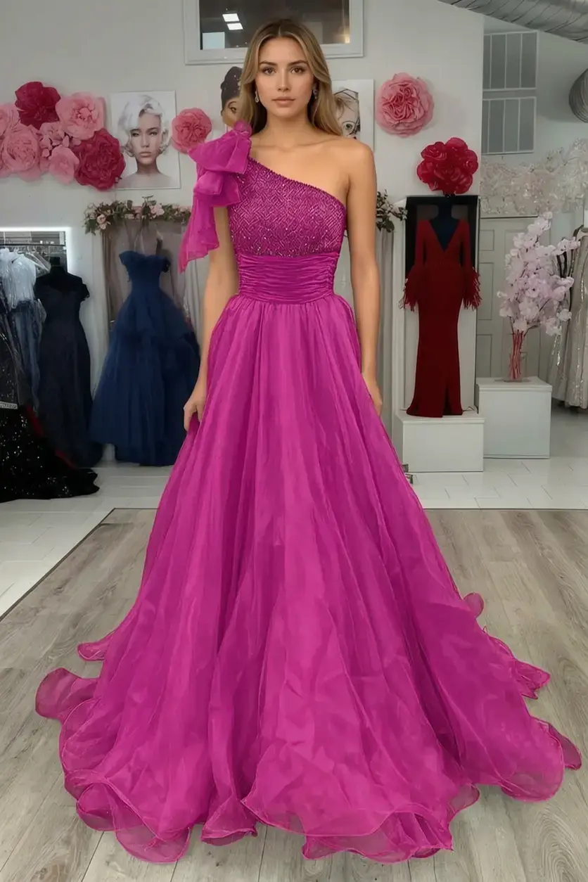 A Line Sparkly Sky Blue One Shoulder Long Prom Dress with Beading