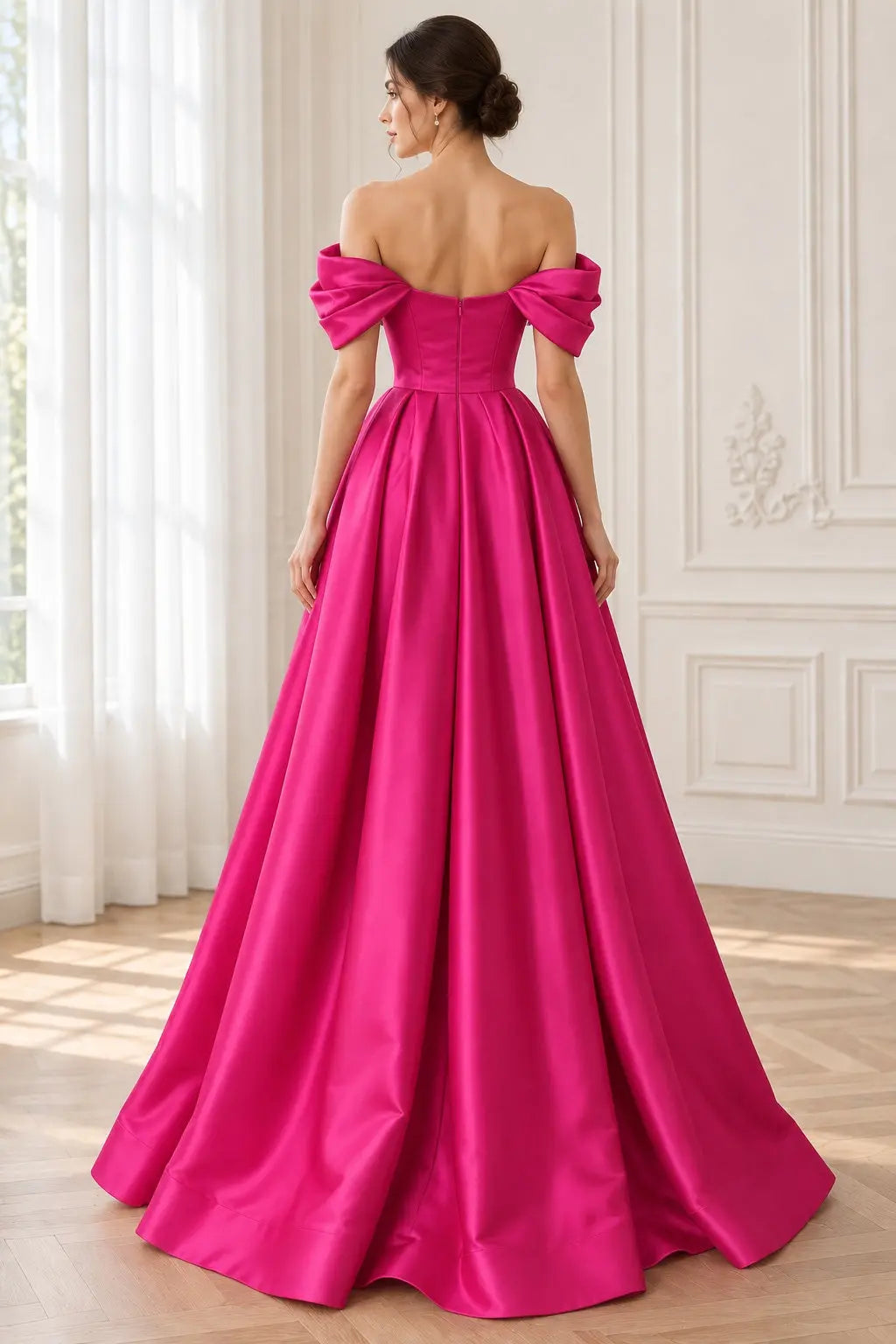 A-line Off-the-Shoulder Short Sleeve Satin Long/Floor-Length Prom Dresses With Ruffles Split