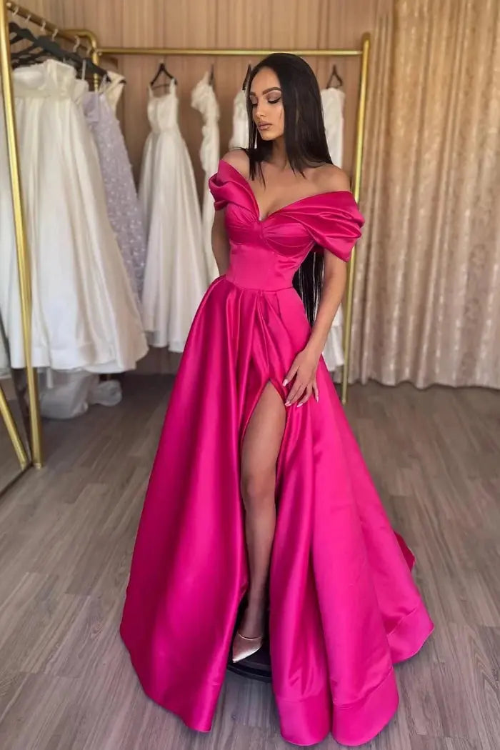A-line Off-the-Shoulder Short Sleeve Satin Long/Floor-Length Prom Dresses With Ruffles Split