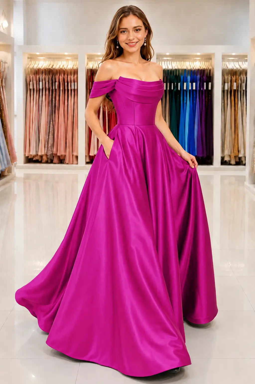 A-Line Satin Long Prom Dress. Simple Off the Shoulder Evening Party Dress With Pockets