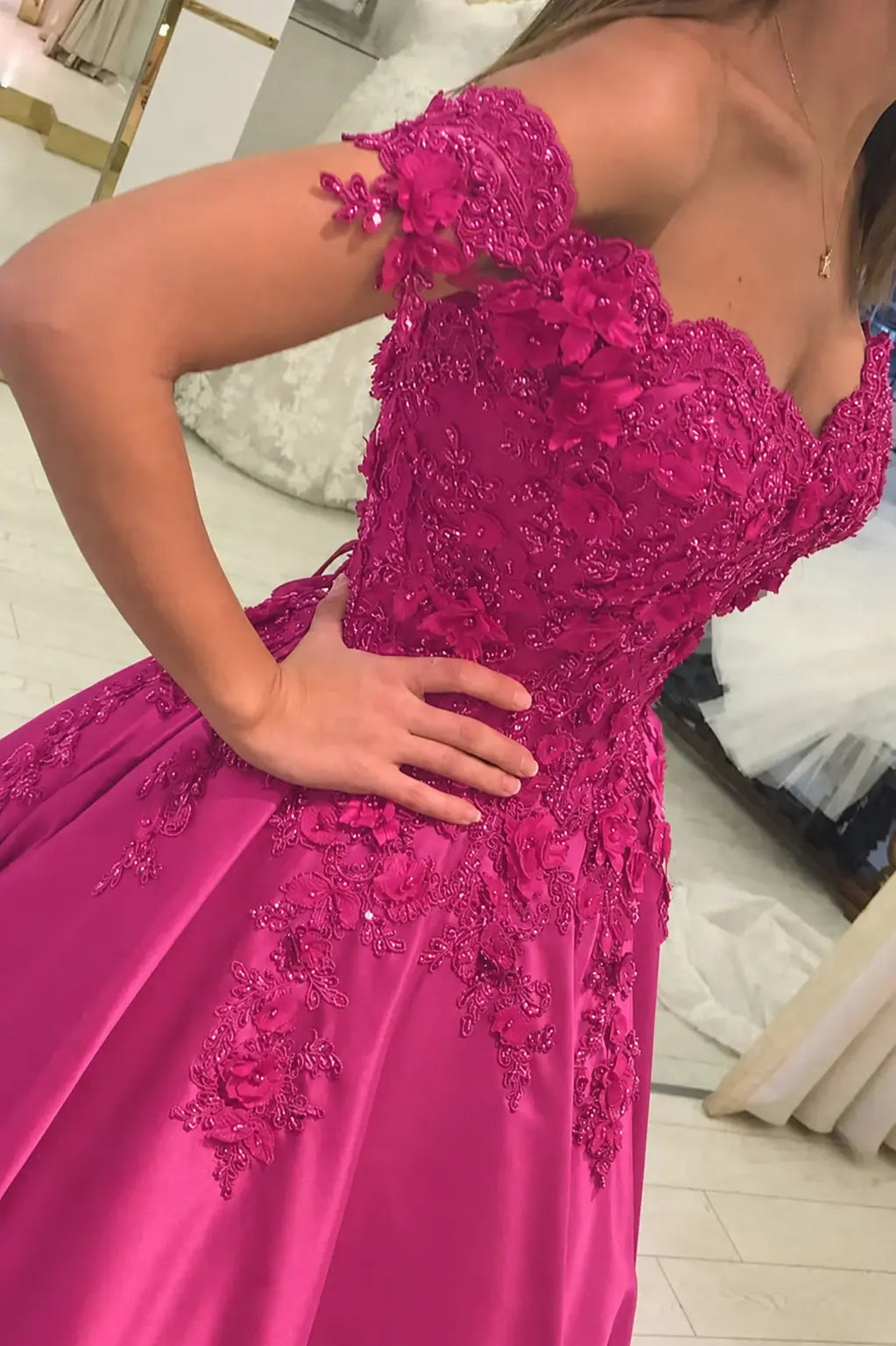 Appliquéd Off-the-Shoulder Satin Princess Prom Dress with Beads