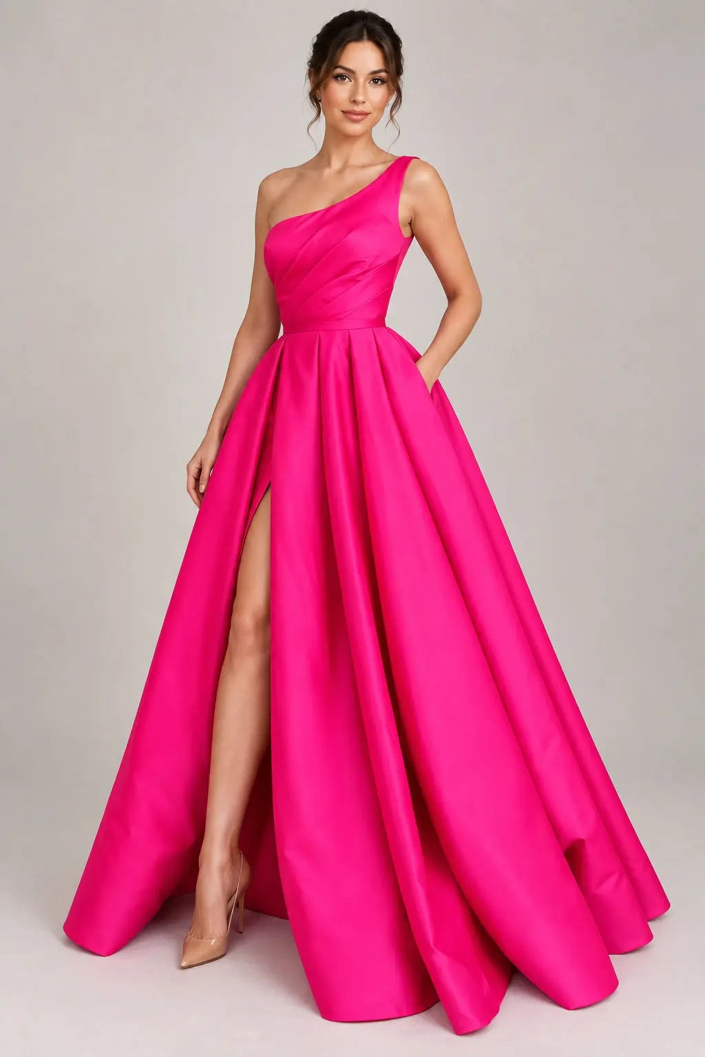 A-line Sleeveless One-Shoulder Long/Floor-Length Satin Prom Dress With Split Ruffles Pockets