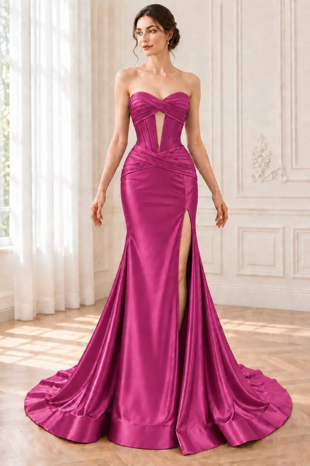 Green Silk Strapless Mermaid Prom Dresses Long Formal Evening Gown with Slit