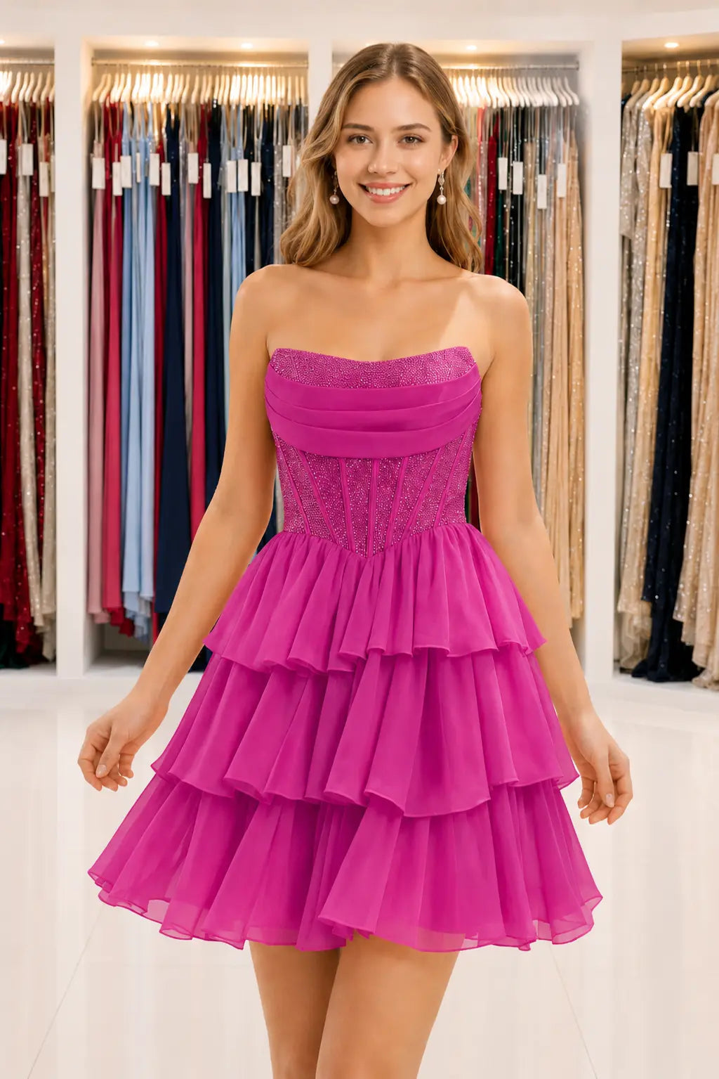 Daffodil Strapless Corset Tiered Ruffle Mini Homecoming Dress With Beading